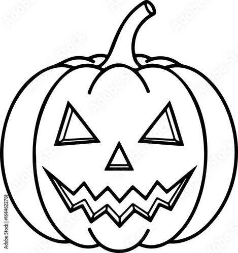 Illustration of a jack o lantern with sharp teeth and triangular eyes and nose outline on white background