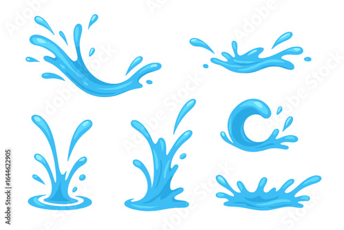 Dynamic water splash vector illustration set. Aqua flow, sea wave, and fresh drink drop icons. Clean liquid cartoon element collection isolated on transparent background.