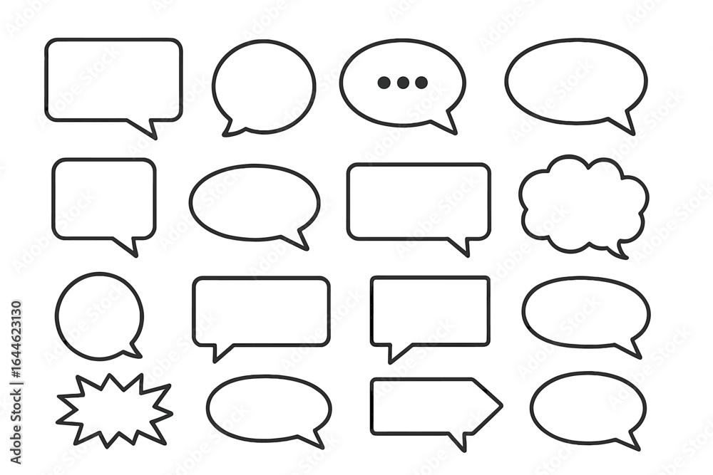 Obraz premium Vector set of diverse speech bubbles. Line icon collection for communication, chat, social media. Blank talk and thought balloons for dialogue, messages, comics. Minimalist design.