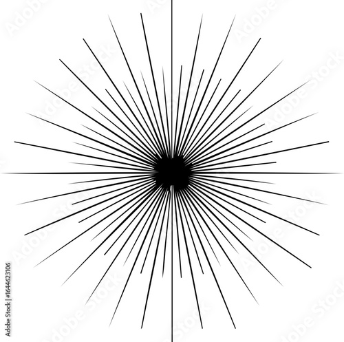 Abstract radial burst pattern with thin black lines emanating from a central dark circle shape design element