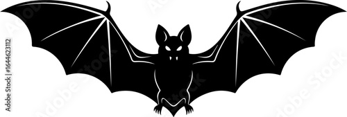Illustration of a black bat with wide open wings and glowing eyes on a white background scene design