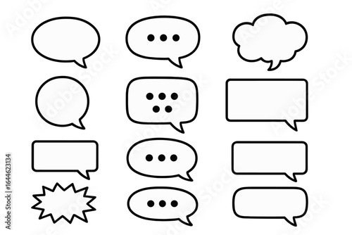 Vector set of diverse speech bubbles for communication and chat. Dialogue and thought clouds for social media and comics. Empty message box icons for quotes and talk.