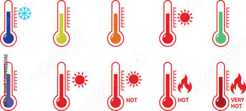A set of colorful thermometer icons illustrating various temperature levels from cold with a snowflake to very hot with flames.