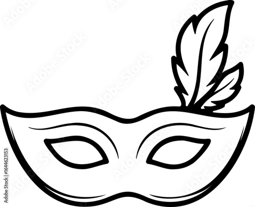Illustration of a venetian mask with feathers on the top right corner in black and white outline