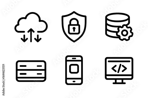 Cloud computing technology icon set. Vector symbols for network security, data management, server, mobile app, web design. Line art graphics illustration on white background.