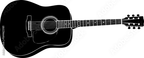 Acoustic guitar in black and white showing the body strings and headstock on a white background view