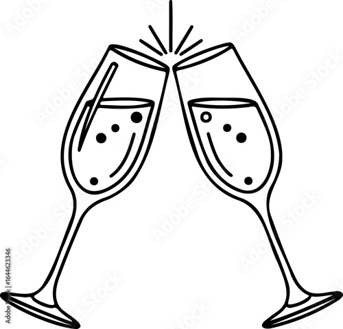 Two champagne glasses clinking together in a celebratory toast with sparkling bubbles and radiating lines
