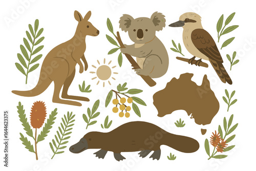 Australian animals vector illustration set. Cute cartoon wildlife collection with kangaroo, koala, platypus, kookaburra, map of Australia, wattle and banksia flower.