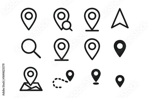 Location pin icon set for navigation and maps. GPS pointers, search markers, and route symbols. Vector illustration for web design, UI, and mobile app interface.