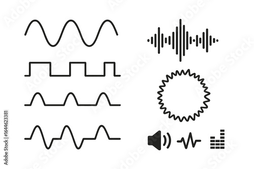 Sound waves vector icon set. Audio technology illustration with sine, square, digital, and analog signals. Music waveform, voice frequency, equalizer, and radio pulse.