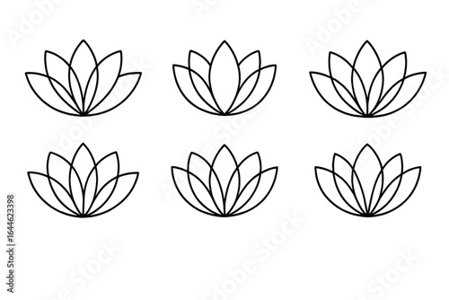 Lotus flower line art icon set. Minimalist vector illustration for yoga, spa, and wellness logos. Spiritual symbol of harmony, peace, and meditation. Abstract floral design elements.