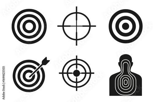 Target vector set with bullseye, dartboard, crosshairs, silhouette aim figures, shooting and archery targets, accuracy and precision icons, concentric circles for competition and sports