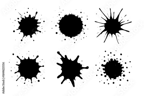 Black ink splatter set. Vector paint splash collection. Abstract grunge blot and stain shapes. Messy artistic liquid drop illustration. Dirty spray design element isolated.