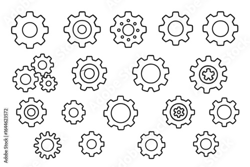 Gear outline icon set. Cogwheel line vector collection. Mechanical cog wheel designs. Engineering symbols for technology, industry, automation, progress and machinery concept.