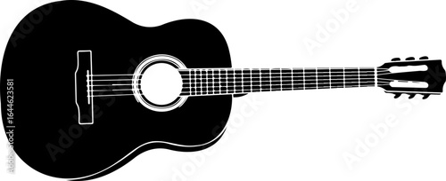 Acoustic guitar in black and white with visible strings and frets displayed horizontally on white background