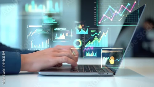 Person using laptop with data analytics and business intelligence visualizations.