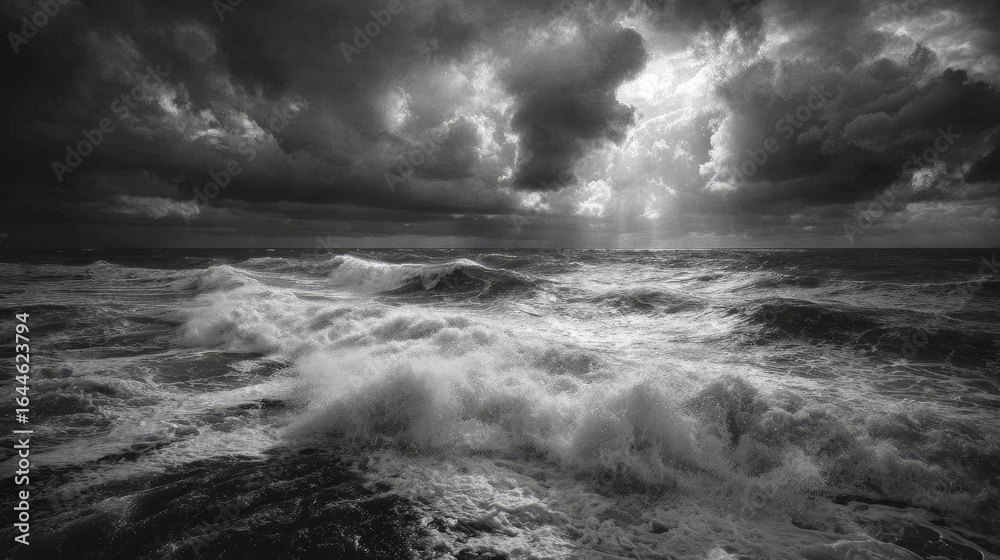 Obraz premium Dramatic stormy seas, sun breaking through dark clouds