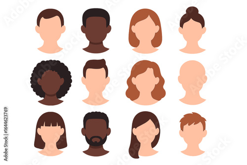 Diverse head shapes and hairstyles vector set, faceless avatar illustrations with various hair types, skin tones, and sizes on transparent background, multicultural profile icons collection