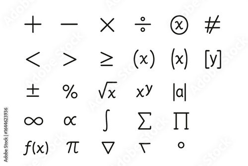 Mathematical symbols vector line art set. Various math symbol operations and functions for educational design. Math tutorials, algebra, and scientific illustration icons.