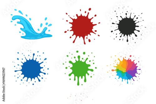 Water splash and blood stain vector set, ink splatter, paint splatter, grunge stain, colorful abstract splash, artistic liquid burst, watercolor drip and blot vector elements