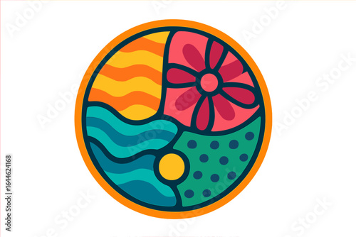 Abstract nature circle logo with four elements. Sun, flower, water, and land symbol. Modern round emblem for travel, ecology, or summer themes. Vector icon for badge or sticker.