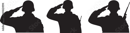 Silhouette of three soldiers in uniform saluting isolated on white background