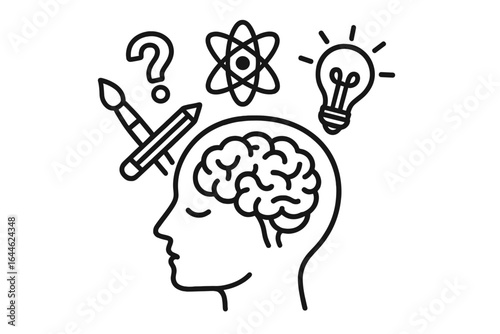 Human head profile with brain, symbolizing creative and logical thinking. Psychology concept of learning, ideas, science, and art. Mental process and brainstorming icon set.