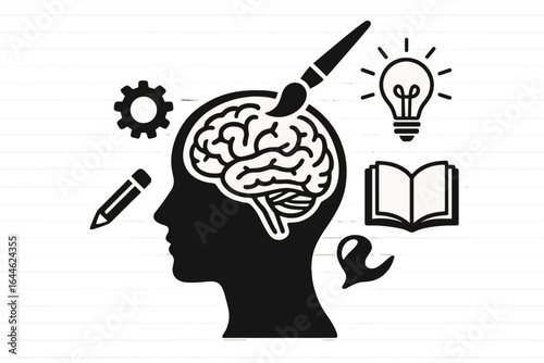 Creative brain vs logical mind. Psychology, anatomy, and education. Art and science in head silhouette vector. Metaphor for thinking, learning, innovation and creativity.