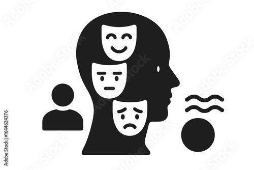 Psychology concept vector. Bipolar disorder, mood swings, and split personality metaphor. Human head with multiple emotion masks: happy, sad, neutral. Mental health graphic.