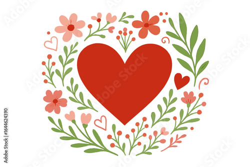 Romantic heart with floral wreath. Valentine's Day greeting card design. Wedding invitation element. Love symbol with flowers, leaves, berries. Hand-drawn vector illustration.