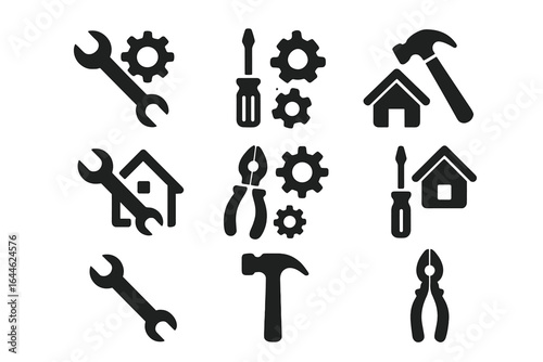 Hand tool vector icon set for home repair and maintenance. Construction service concept with house, gear, wrench, hammer, screwdriver, and pliers symbols. Isolated flat logo pack.