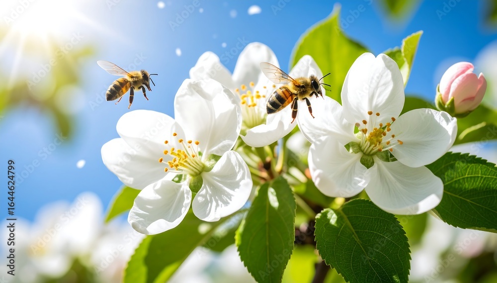 Fototapeta premium Bees pollinating white blossoms on a bright, sunny day