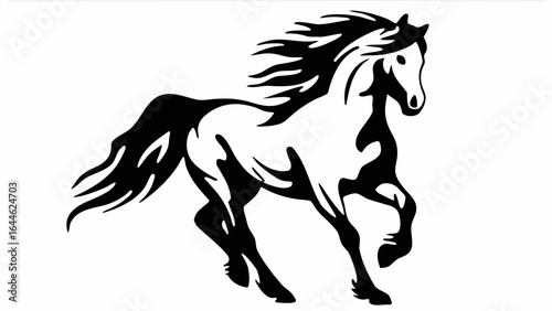 Silhouette of a black and white horse running with a flowing mane and tail in a dynamic pose design art