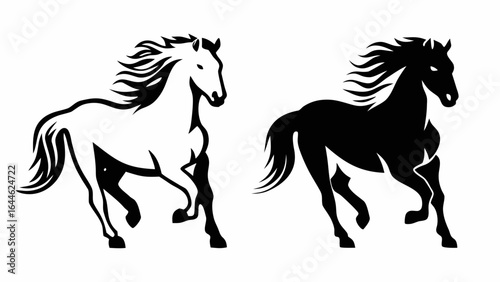 Two stylized horses in contrasting black and white galloping with flowing manes and tails design art silhouette