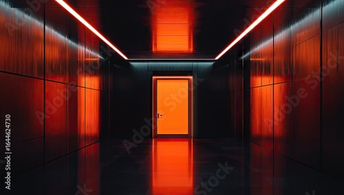 Dark, futuristic hallway with orange accents
