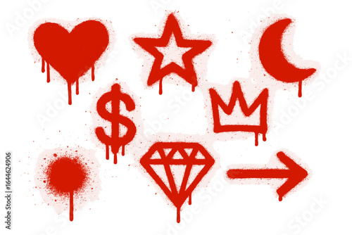 Red spray paint graffiti icon set. Urban street art symbols with drips and splatter. Edgy stencil style vector illustration. Heart, star, crown, dollar, diamond, moon icons.