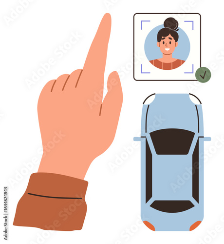 Hand tapping to activate facial recognition system, car and driver photo verified for secure access. Ideal for security, technology, automation, innovation, transportation, convenience, privacy