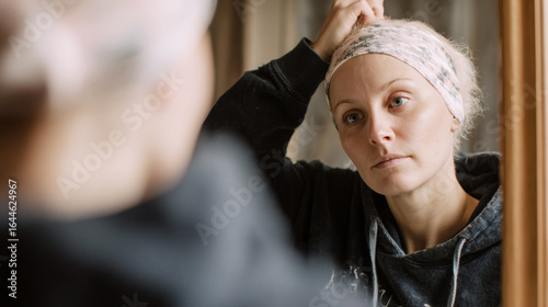 A courageous woman removing her wig after chemotherapy, looking at herself in the mirror with strength and resilience, cancer survivor, self-acceptance, hope, empowerment, healing journey.