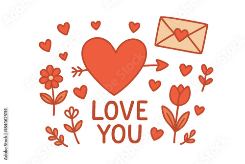 Love You lettering for Valentines Day. Romantic cute doodle set with heart, cupid arrow, love letter, envelope, flowers. Vector illustration for greeting card, sticker pack.
