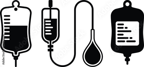 Collection of medical intravenous iv drip bag icons in silhouette style