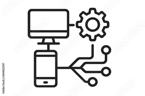 System integration and data synchronization line icon. Cross-platform technology concept for mobile and desktop connectivity. API, network process, and app development vector.