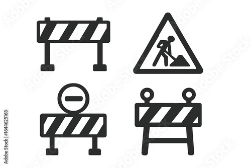 Road work under construction vector icon set. Traffic barrier, roadblock, and warning safety signs. Street barricade, men at work symbol, and road closed icons.