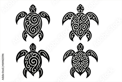 Tribal turtle tattoo set. Polynesian sea animal symbol. Intricate Maori ethnic ornament collection. Black vector illustration for design on a white background.