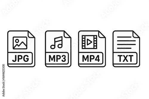 File format line icon set. JPG image, MP3 audio, MP4 video, TXT document. Media file type symbol collection. Vector outline illustration for web and design projects.