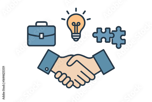 Business partnership agreement and teamwork concept. Handshake for a successful deal and collaboration. Innovation idea lightbulb and solution puzzle icon set. Vector.