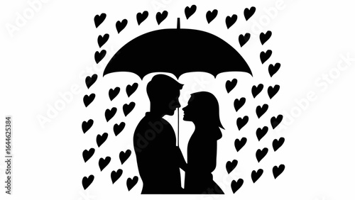 Silhouette of a couple under an umbrella with hearts falling around them in a romantic monochrome scene