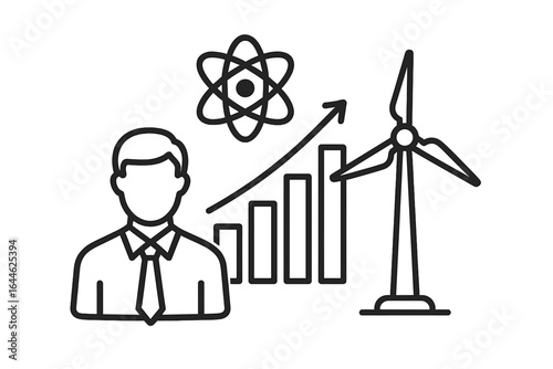Business growth in science and energy sector. Professional with chart, atom, and wind turbine icons. Concept for investment in renewable energy and nuclear technology.