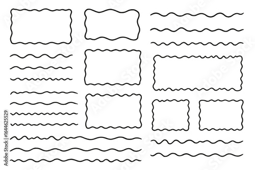 Set of hand-drawn vector wavy lines and irregular frames. Abstract doodle borders, squiggly outlines, and distorted wave patterns for decorative design elements and text boxes.