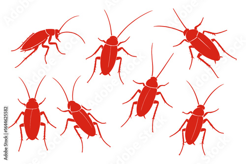 Red cockroach silhouette vector set for pest control design. Insect infestation icons. Extermination and disinfection service symbols. Roach bug illustration collection.
