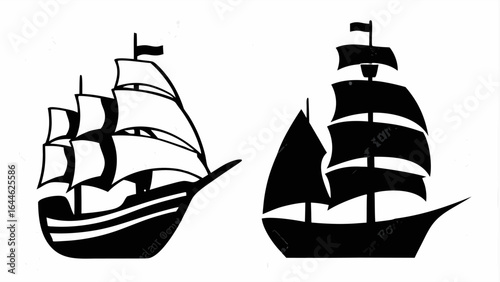 Two sailing ships with multiple masts and sails depicted in black and white silhouette style image art